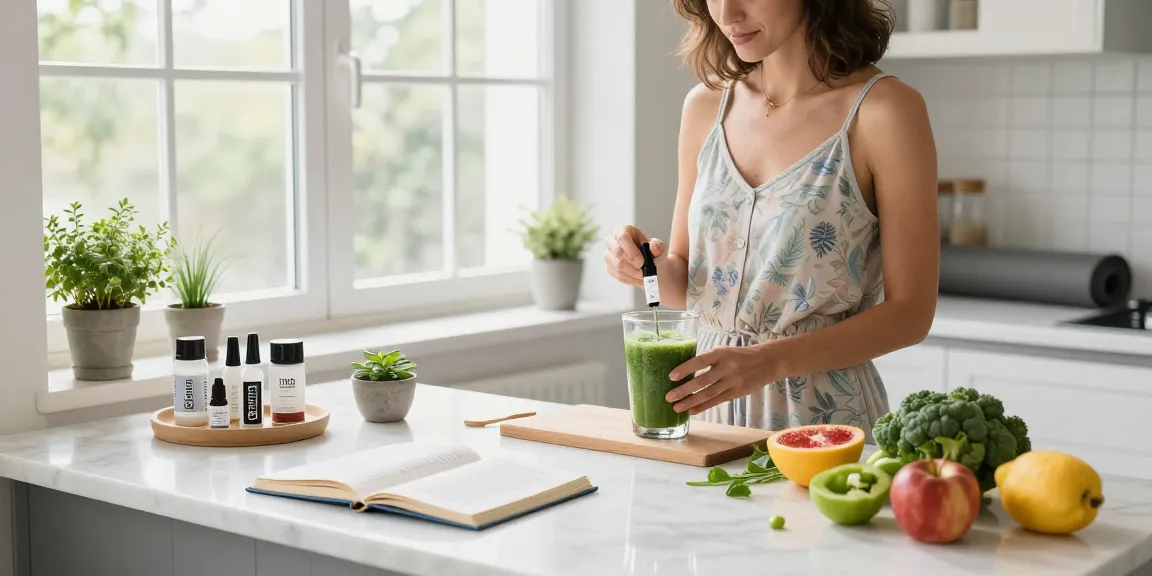 thc vape juice used in a wellness smoothie, surrounded by CBD products and fresh ingredients in a bright kitchen setting.