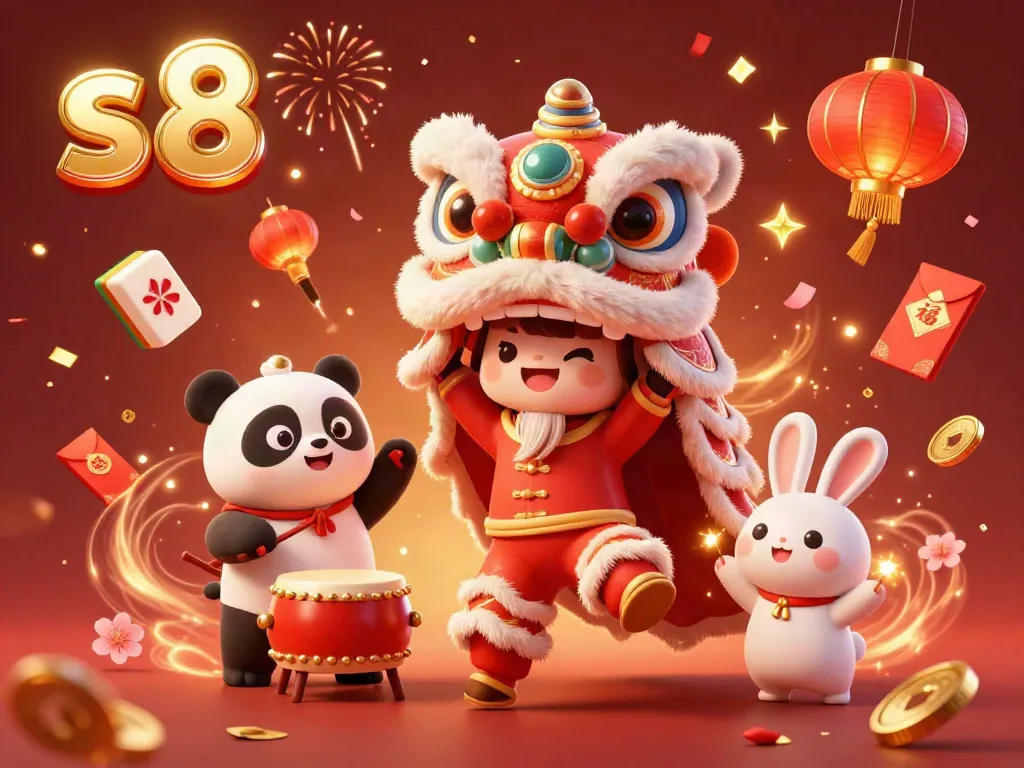Experience the excitement at s8 casino with a lively lion dance, drumming panda, and gold-themed gaming elements.
