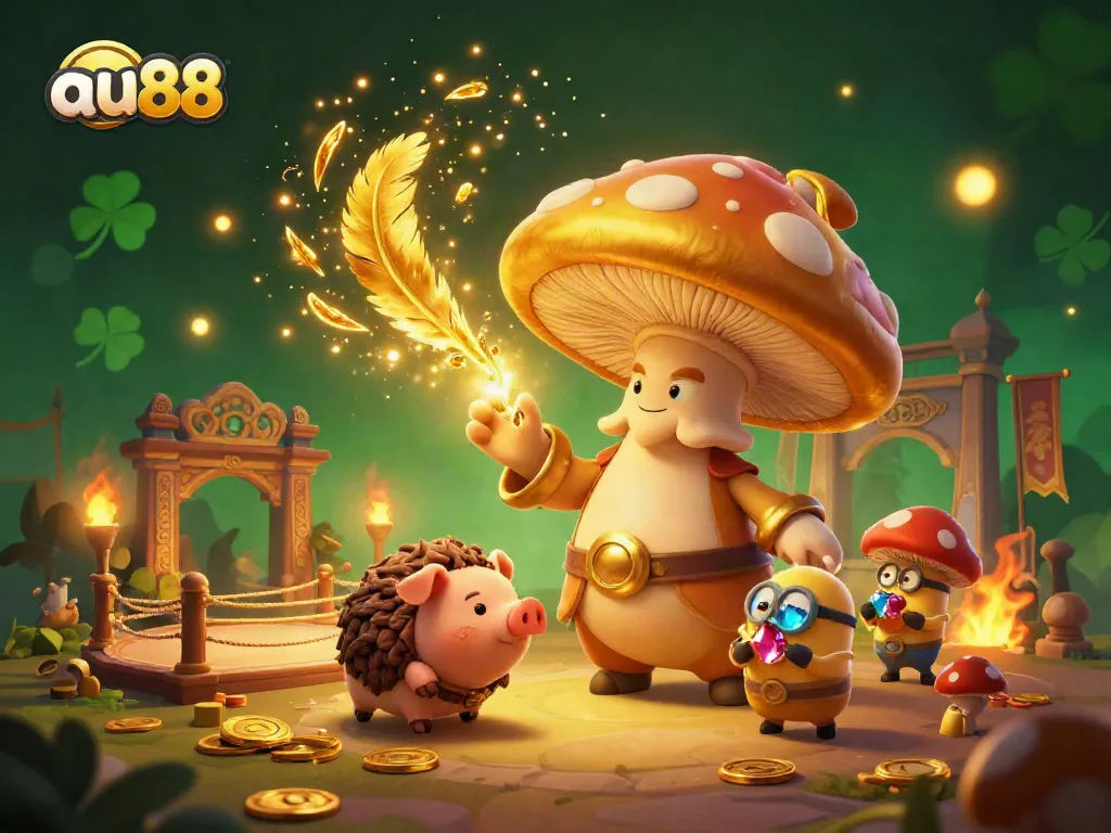 Engage with the magical world of au88 as a golden wizard conjures treasures amidst a vibrant casino scene.