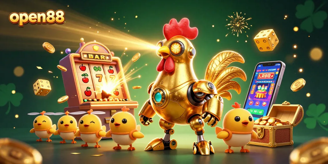 Experience the thrill of open88 with a golden rooster robot and laser beams surrounded by jackpot elements.
