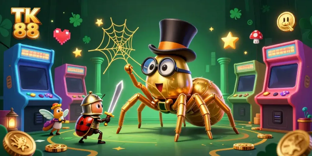 Experience the excitement of TK 88 with a vibrant casino scene featuring a golden tarantula and a brave beetle knight.