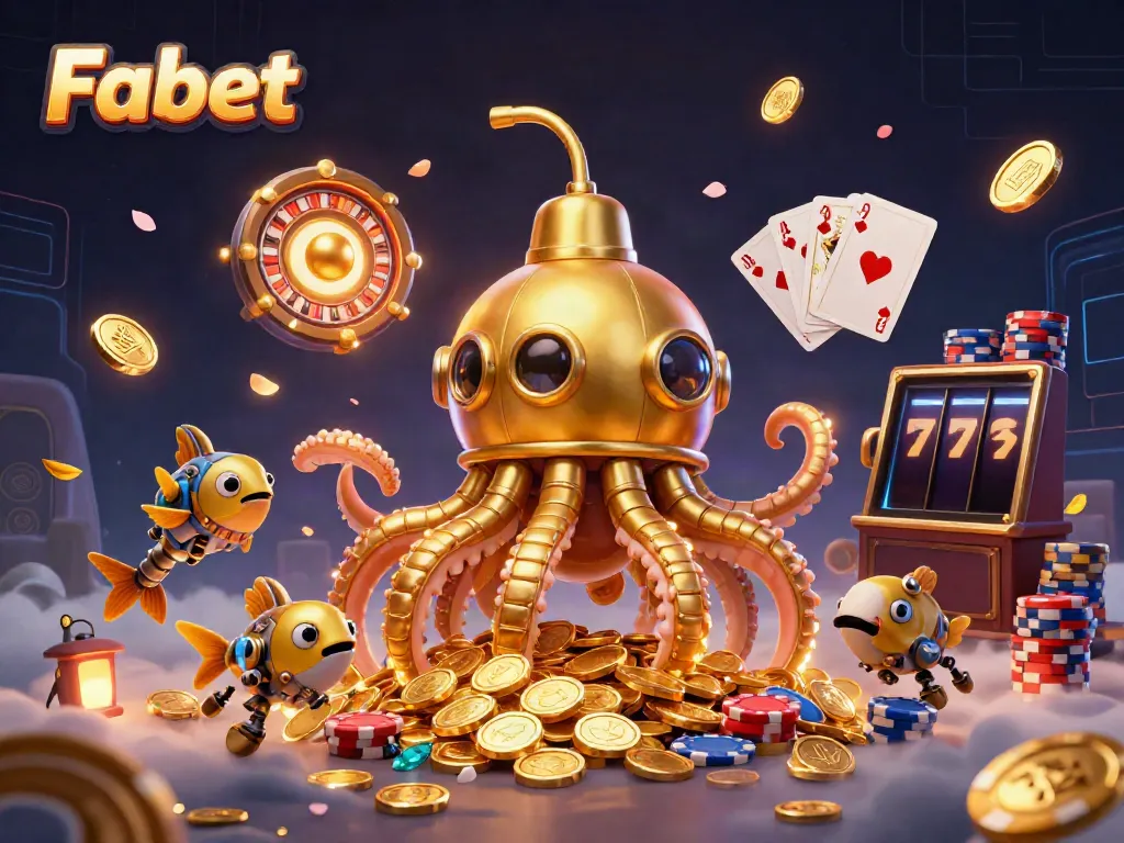 Fabet's golden kraken submarine emerges amidst shimmering coins and dynamic game elements for gamblers.