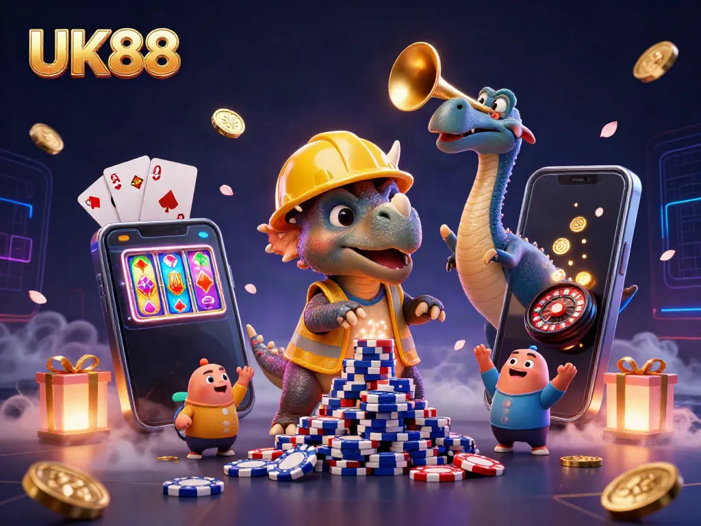 Celebrate with UK88's lively triceratops and parasaurolophus amidst vibrant casino action.