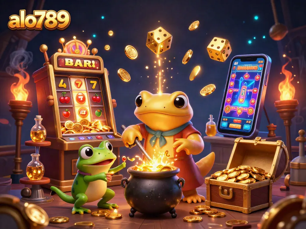 Alo789 casino features a cartoon alchemist transforming metals into gold amidst lively gaming elements.