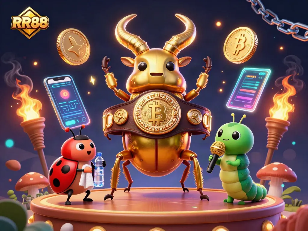 Engage with RR88's vibrant casino world featuring cartoon beetles and crypto elements.