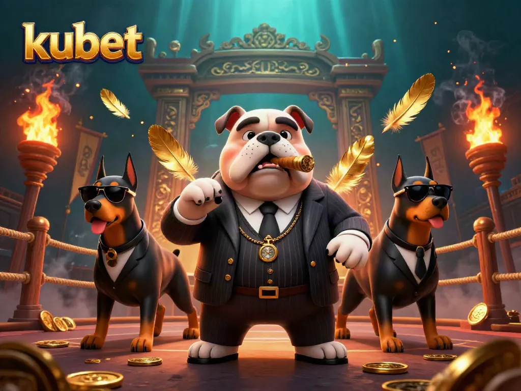 Experience the thrill of kubet with a mafia bulldog and bodyguard Dobermans in a vibrant casino scene.