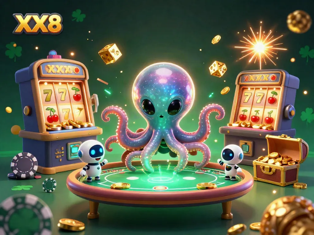 Experience the excitement of XX8 with a vibrant alien gaming scene filled with dynamic casino elements.