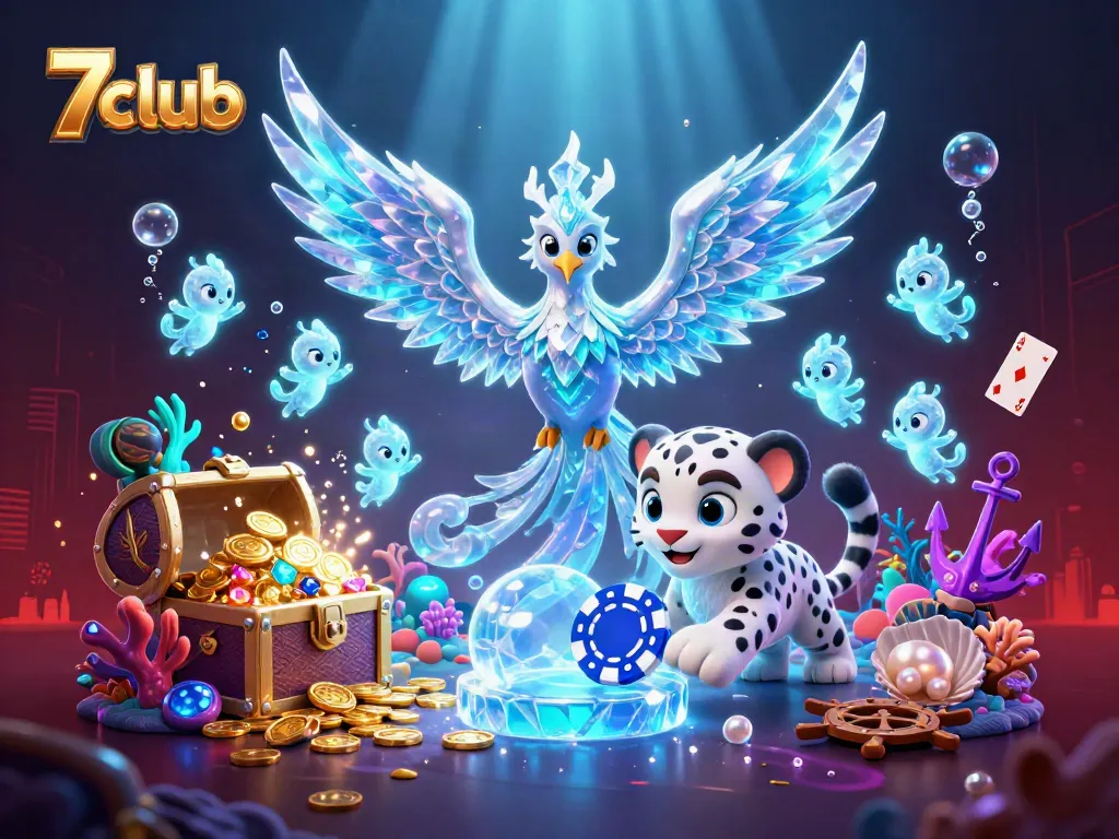 Experience the thrill of 7club games with a vibrant illustration showcasing an ice phoenix, snow leopard, and dynamic casino elements.