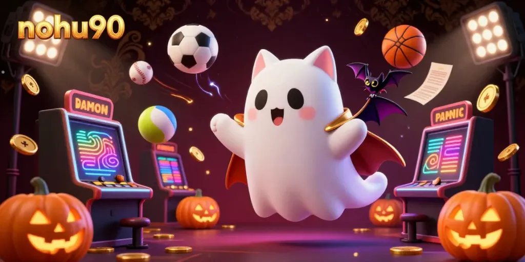 An engaging scene of nohu90 casino fun featuring a ghost cat, bat, and glowing poker jack-o-lanterns.