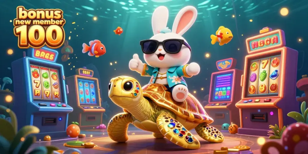 Experience the excitement of bonus new member 100 with an energetic and vibrant slots scene featuring a lucky cartoon rabbit.