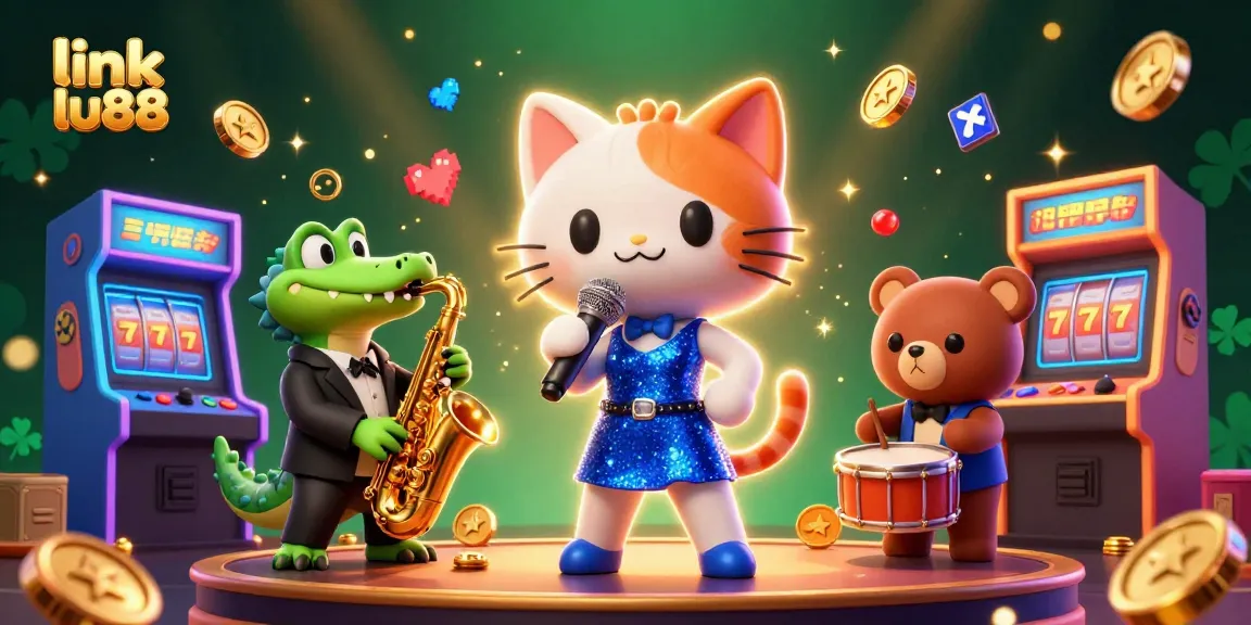 Engage with link lu88 at this vibrant casino scene, featuring a jazzy cat, a zoot-suited crocodile, and a drum-playing bear.