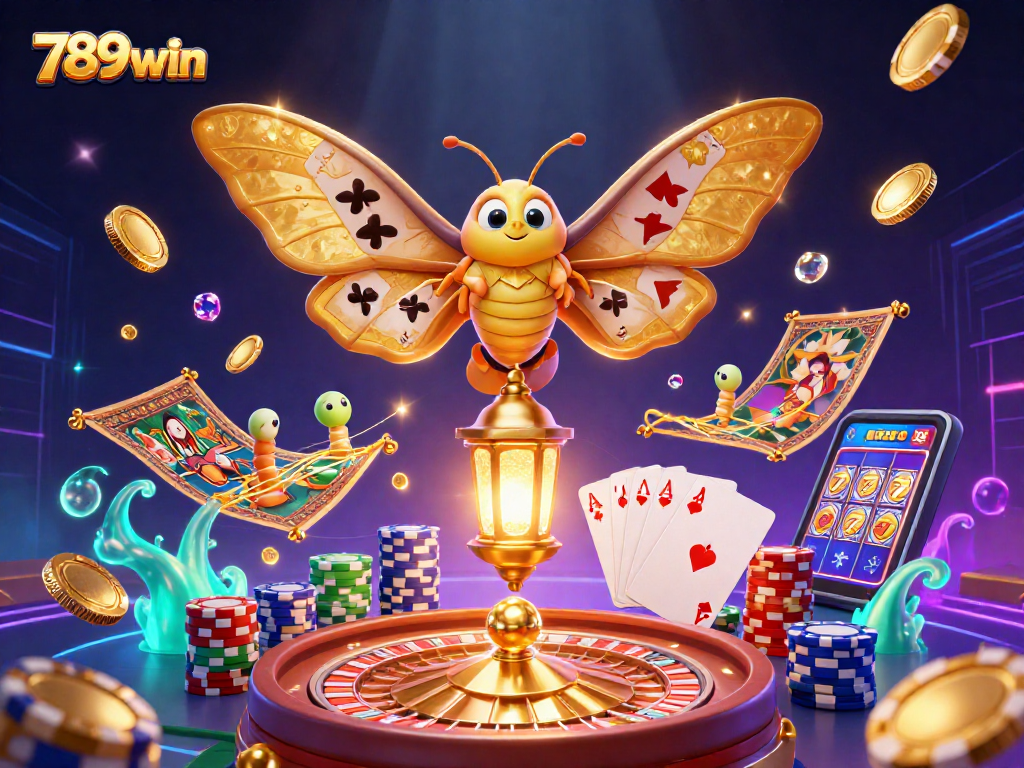 Experience the thrill of 789win casino games with a majestic golden atlas moth amidst vibrant gaming elements.