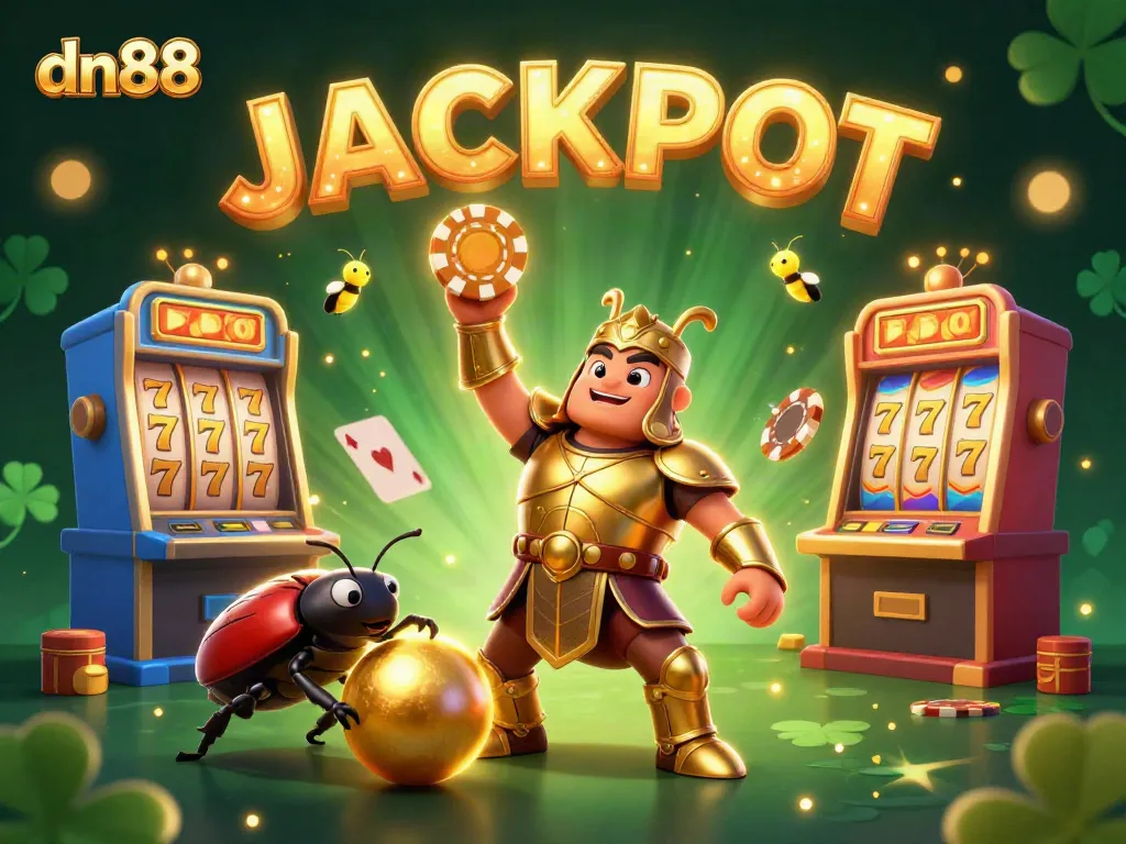 Win big at dn88 as the victorious hercules beetle lifts a poker chip in a vibrant casino scene.