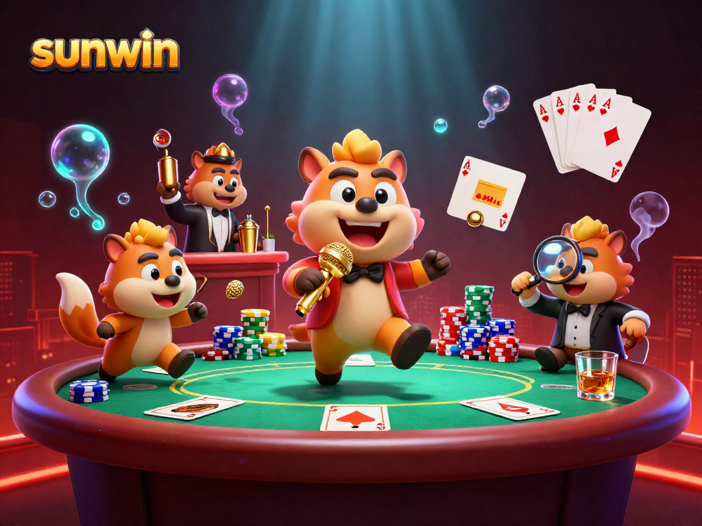 Experience the vibrant energy of sunwin's comedy casino with interacting hyena characters.