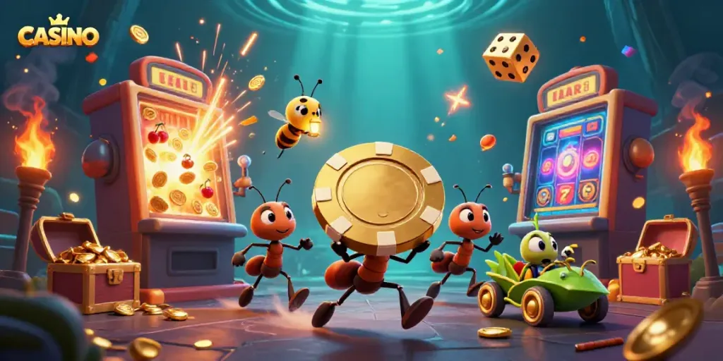 Casino heist scene with animated ants and poker chip in a vibrant illustration.