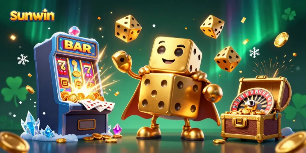 Experience thrilling gameplay with Sunwin's golden dice golem, surrounded by explosive casino elements.