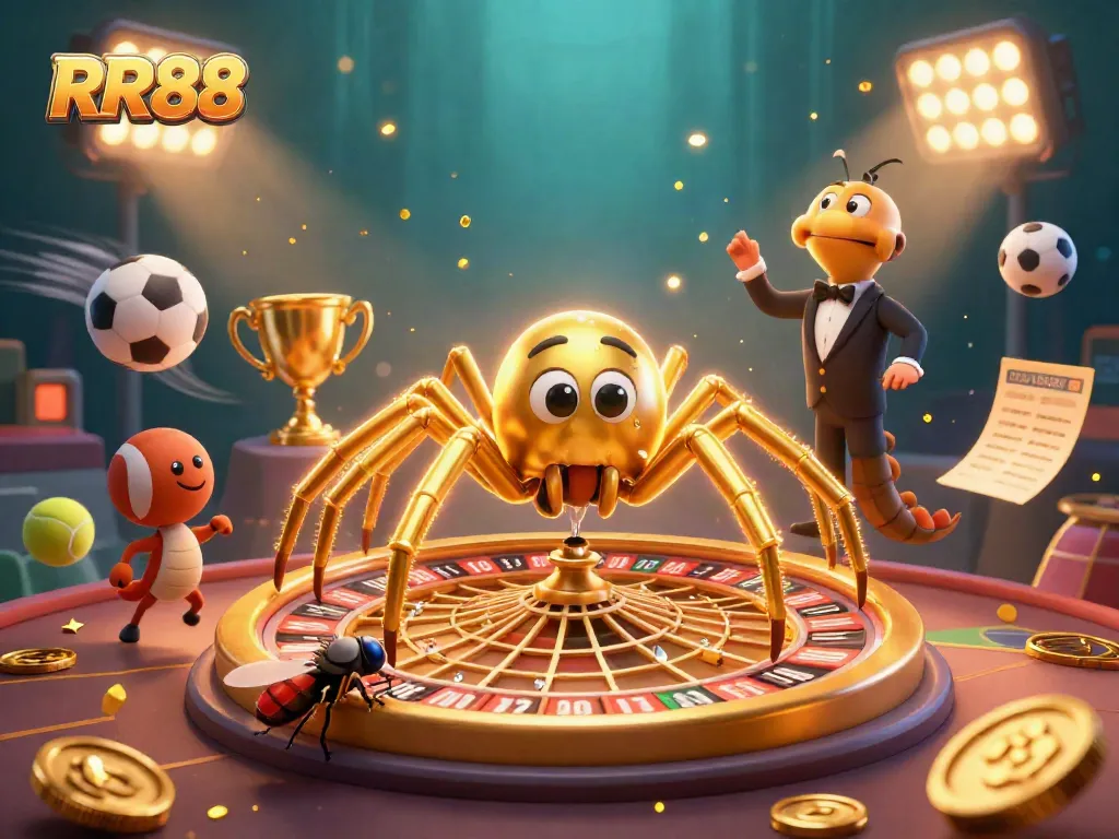 Experience the excitement of RR88 as the golden spider spins a roulette wheel web, showcasing thrilling bets and winning moments.