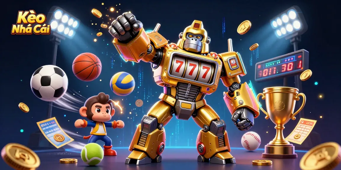Kèo Nhà Cái portrays a lively casino scene with a gorilla mech and sports elements dynamically engaging players.