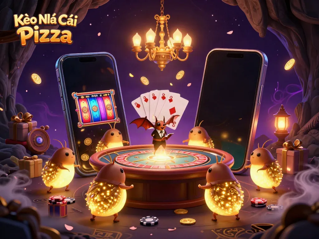 Engage with Kèo Nhà Cái Pizza in a vibrant cave casino lit by glowworms and a bat dealer.