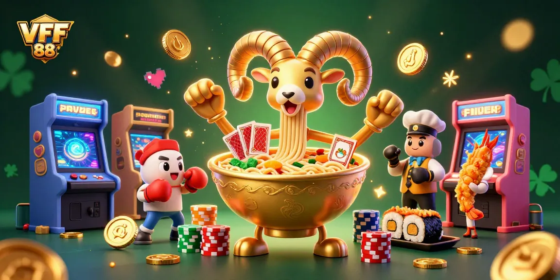 Join the action with VFF 88 as a giant ramen bowl dealer stacks chips and plays cards in a vibrant casino setting.