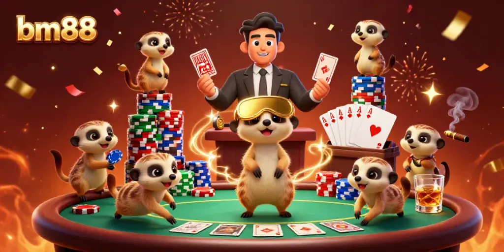 Experience the excitement at bm88 with meerkats running a lively casino operation full of poker chips and cards.