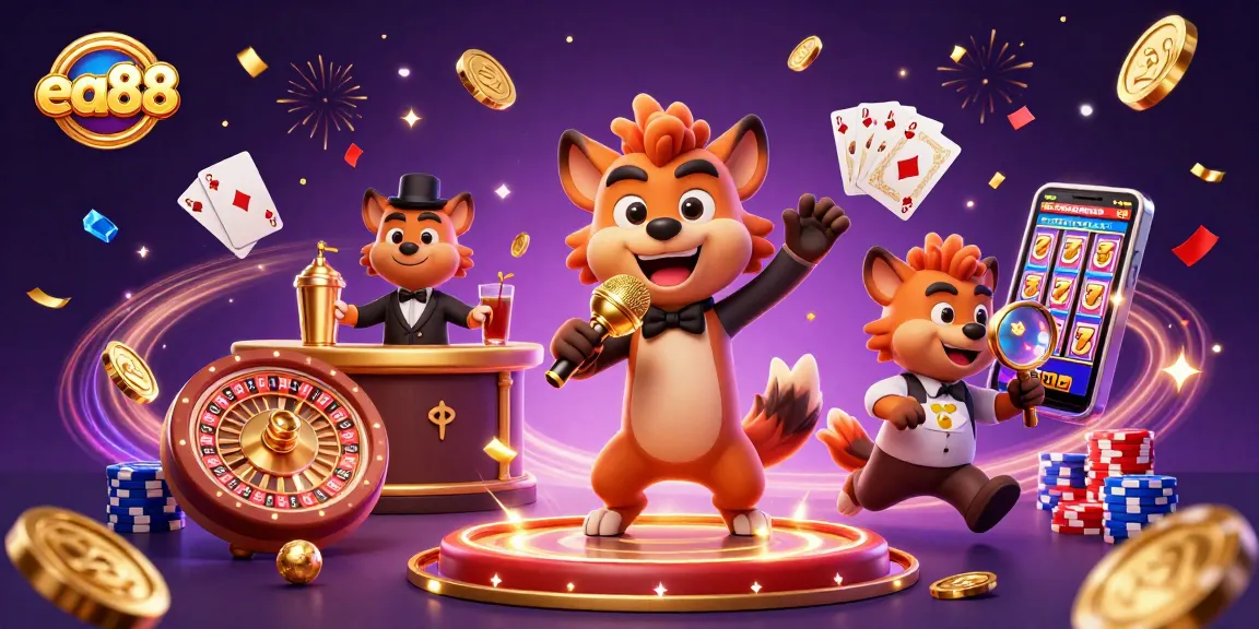 Experience the thrill at ea88 casino with lively hyena characters amidst cascading coins and vibrant visuals.
