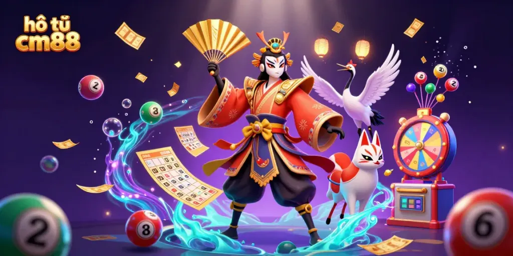 Experience thrilling lottery excitement with hổ trợ cm88 in this vibrant 3D casino illustration.
