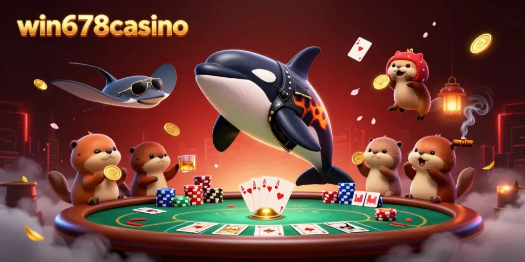 Experience the thrill of win678casino with a vibrant scene featuring characters celebrating at a poker table.