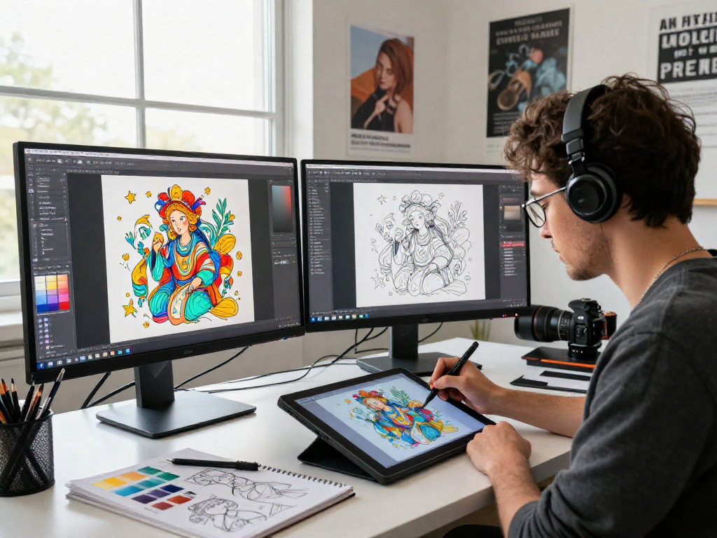 Artist creating NSFW AI digital art in a vibrant studio full of creativity and inspiration.
