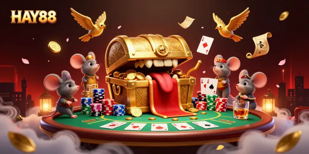 Engage in thrilling gaming at HAY88 with a cartoon treasure chest and vibrant casino elements