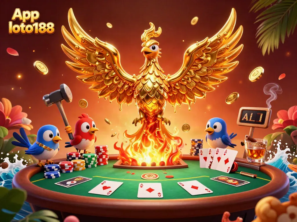 Experience the thrilling App loto188 with a vivid 3D scene featuring a molten phoenix amidst poker elements.