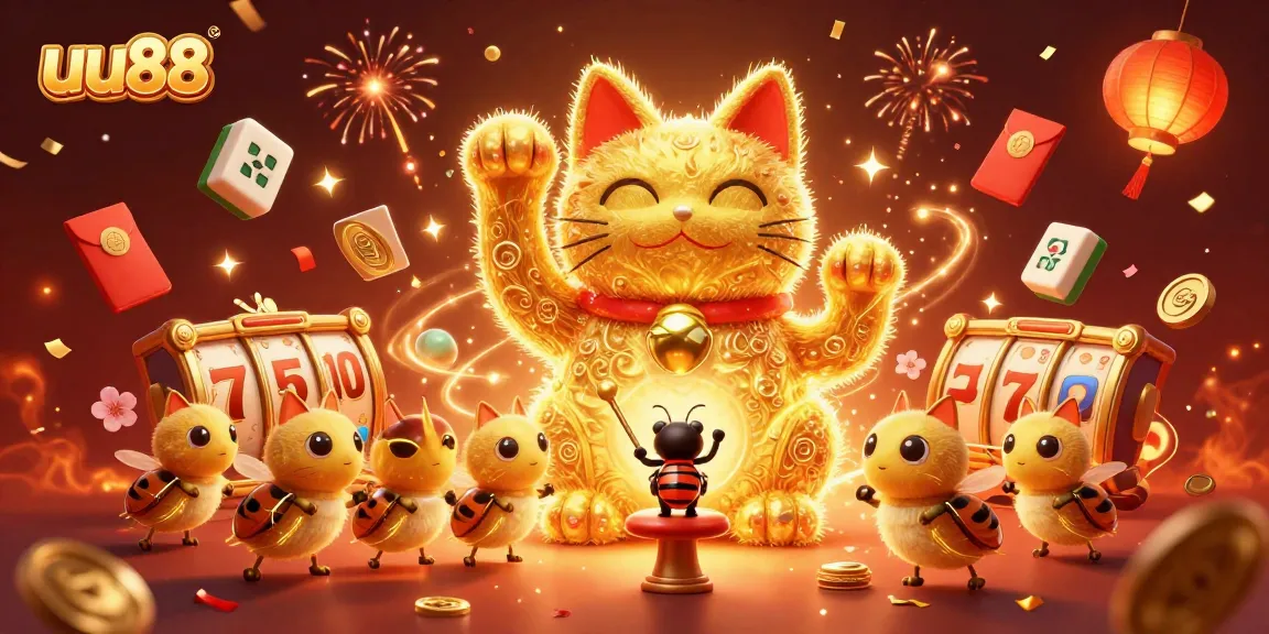 Join the fun with uu88's vibrant casino experience featuring a lucky cat and festive game symbols.