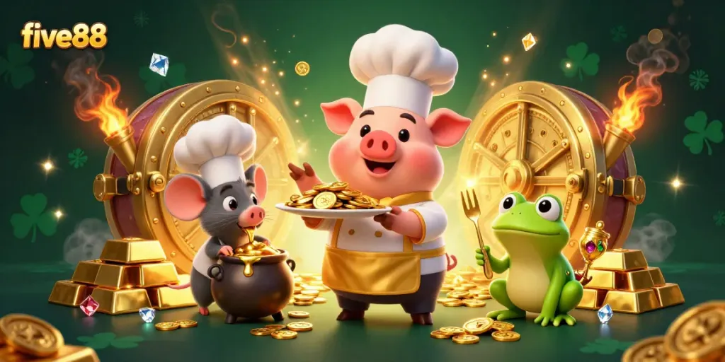Experience winning moments at five88 with a lively scene of a chef pig serving gold coins in a vibrant casino setting.