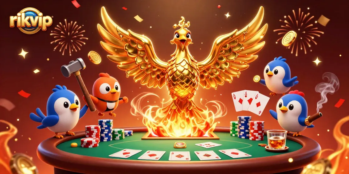 Play winning games at rikvip's vibrant casino with a golden phoenix and engaging poker elements.