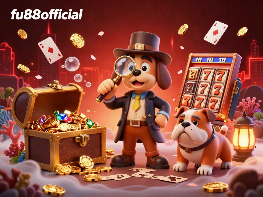 Engage in thrilling gameplay with fu88offical's 3D cartoon detective uncovering poker chip clues amid casino treasures.