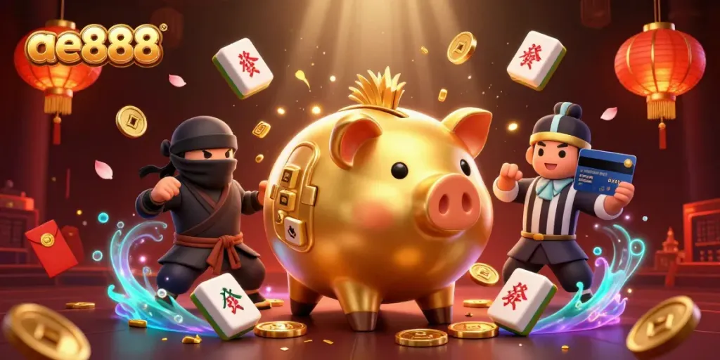Experience winnings with ae888 as a sumo wrestler shakes down coins amidst dazzling casino elements.
