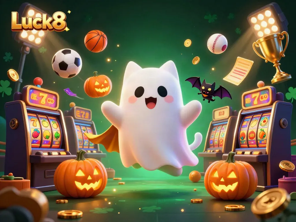 Cats in a haunted casino with floating sports balls and jackpot symbols showcase Luck8's thrilling gaming experience.