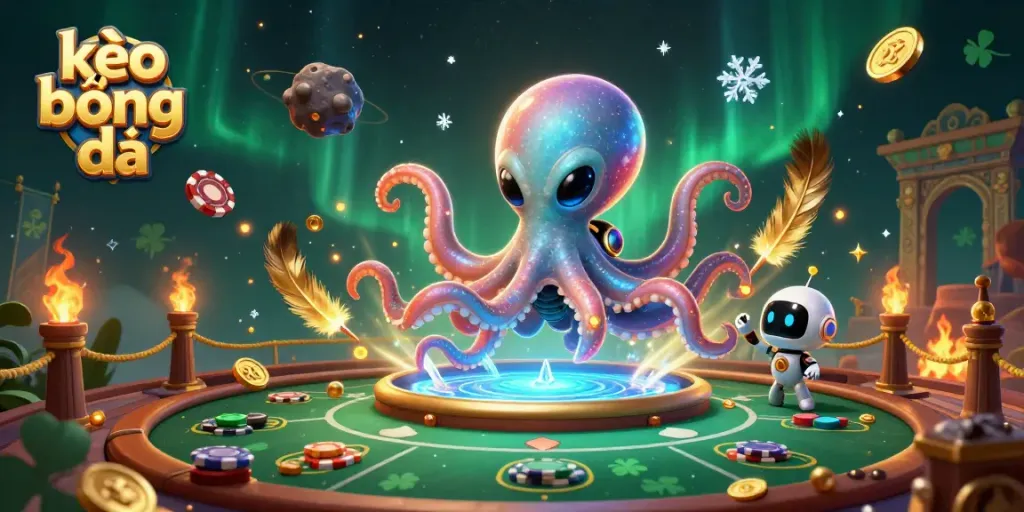 Engaging kèo bóng đá scene with a colorful alien octopus at a holographic poker table.