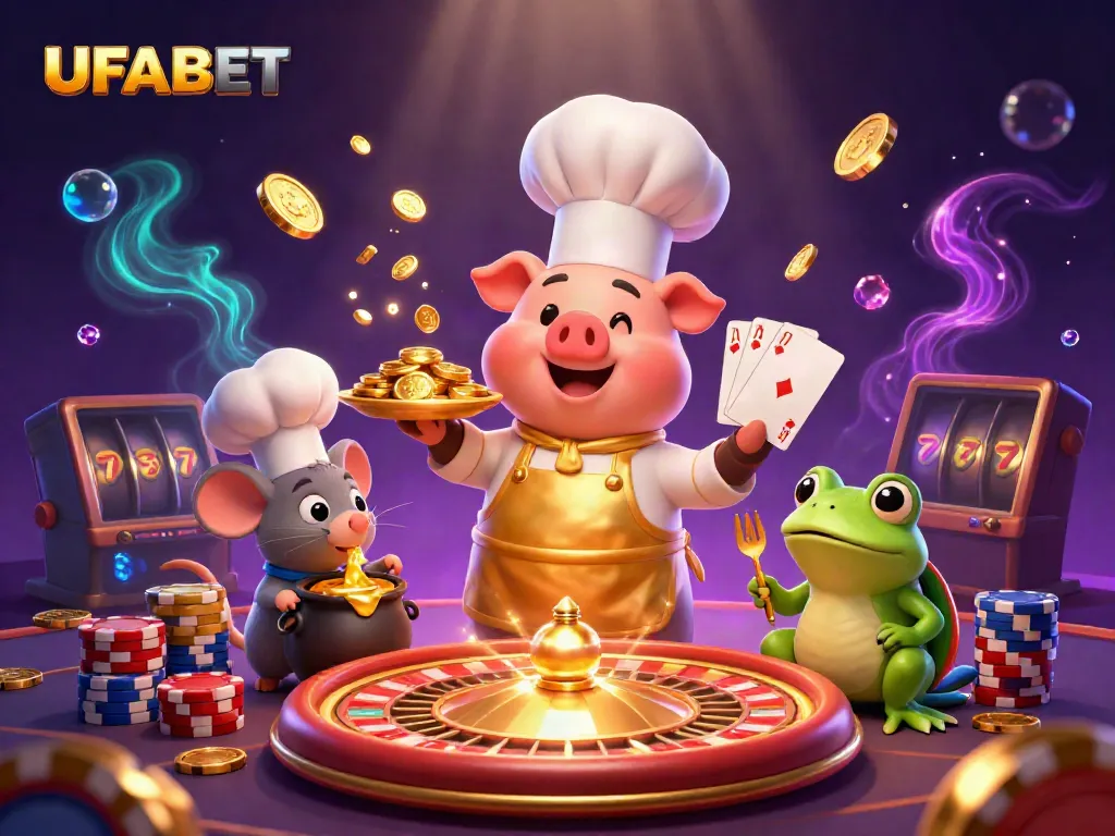 Experience thrilling UFABET gaming with a cartoon chef pig serving gold coins, surrounded by festive casino elements.