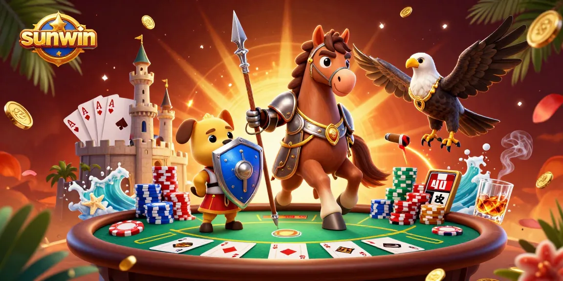 Engage with sunwin's vibrant poker scene featuring a medieval knight, playful puppy, and a falcon amidst colorful chips.