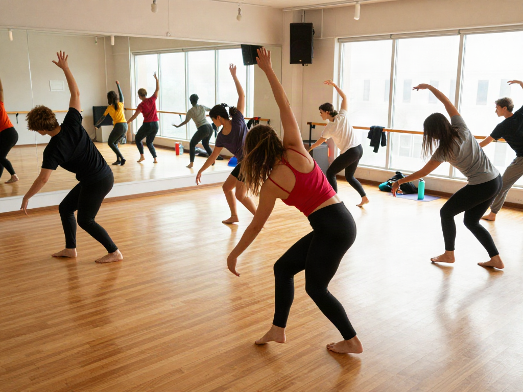 Dancers at kineticsynergydancecompany.com rehearsing choreography in a vibrant studio.