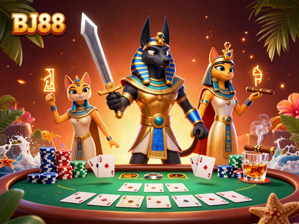 Experience the thrill of betting at BJ88, featuring Anubis in a vibrant casino scene.