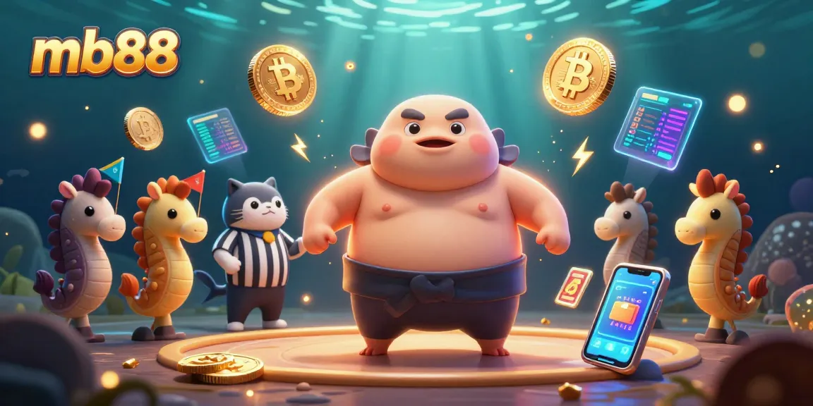 Win big with mb88 in a vibrant underwater casino scene featuring a fugu and a wise catfish referee.