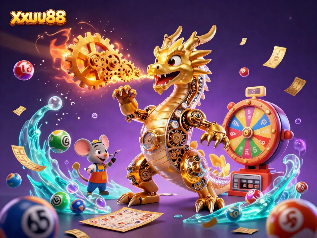 Experience excitement with the xxuu88 golden dragon, surrounded by lottery elements and vibrant gaming chaos.