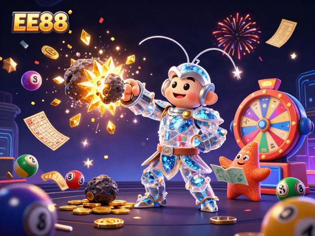 Experience an exciting EE88 moment with a mantis shrimp punching through an asteroid, surrounded by casino elements.