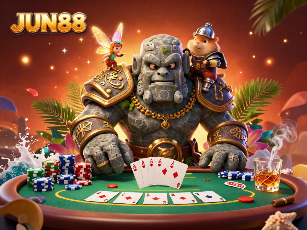 Experience thrilling poker action with JUN88 in a magical 3D scene featuring playful characters and casino elements.