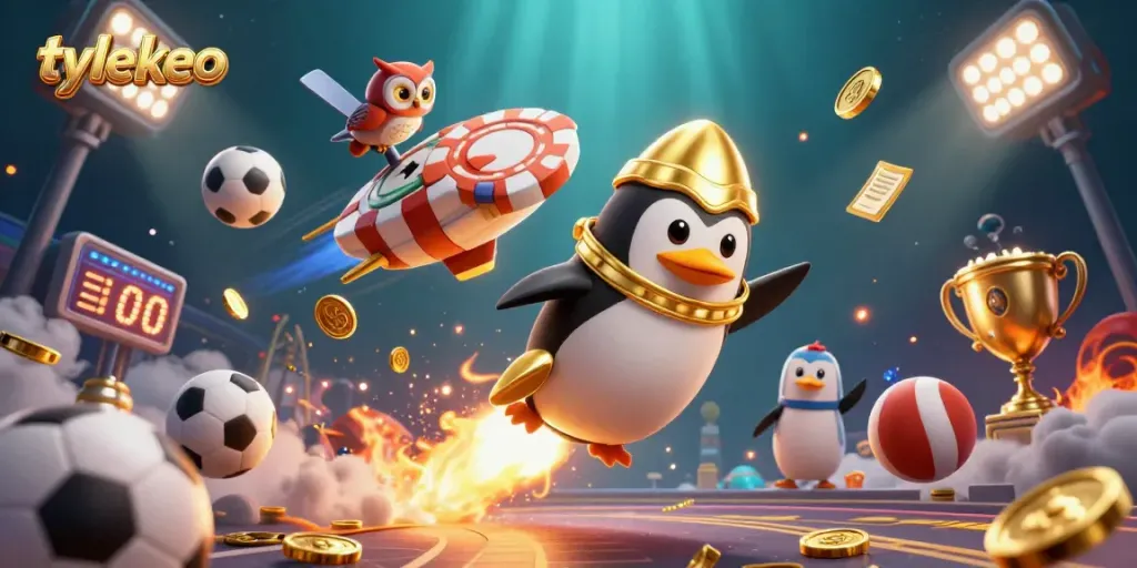 Engage in the thrilling world of tylekeo as a golden penguin rockets through space toward a vibrant casino.