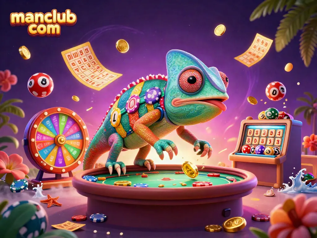 Engage in thrilling gameplay at manclub com with a vibrant casino illustration featuring a chameleon owner grabbing golden coins.