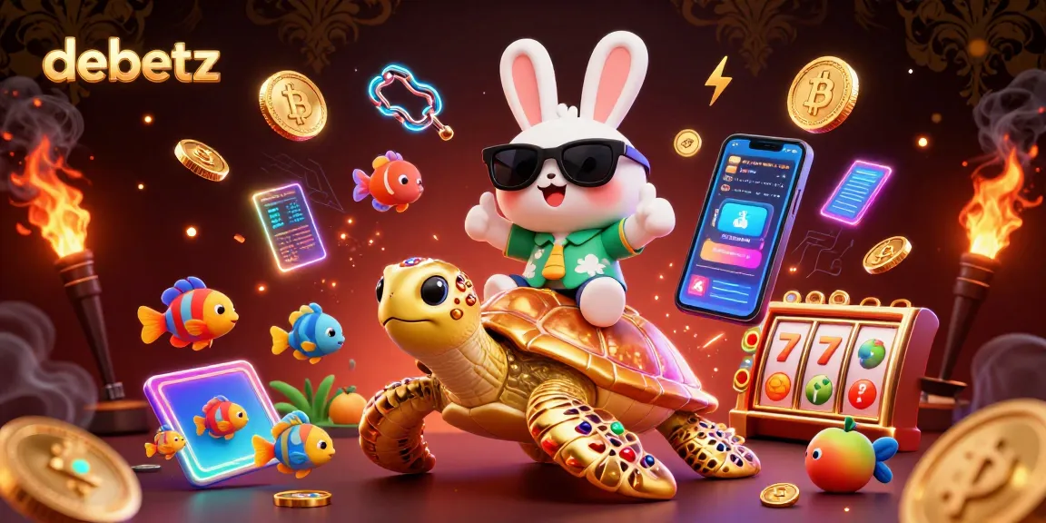 Experience the dynamic excitement at debetz with a vibrant casino-themed 3D illustration featuring a lucky rabbit and golden turtle.