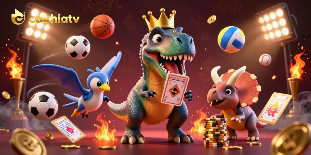 Engaging scene from cakhiatv with a T-Rex shuffling cards and a triceratops stacking gold chips.